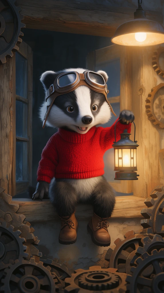 anthropomorphic badger cub in red sweater and aviator goggles, sitting on window sill holding a glowing lantern, rustic workshop background with scattered gears, warm overhead lighting, highly detailed 2D animation style