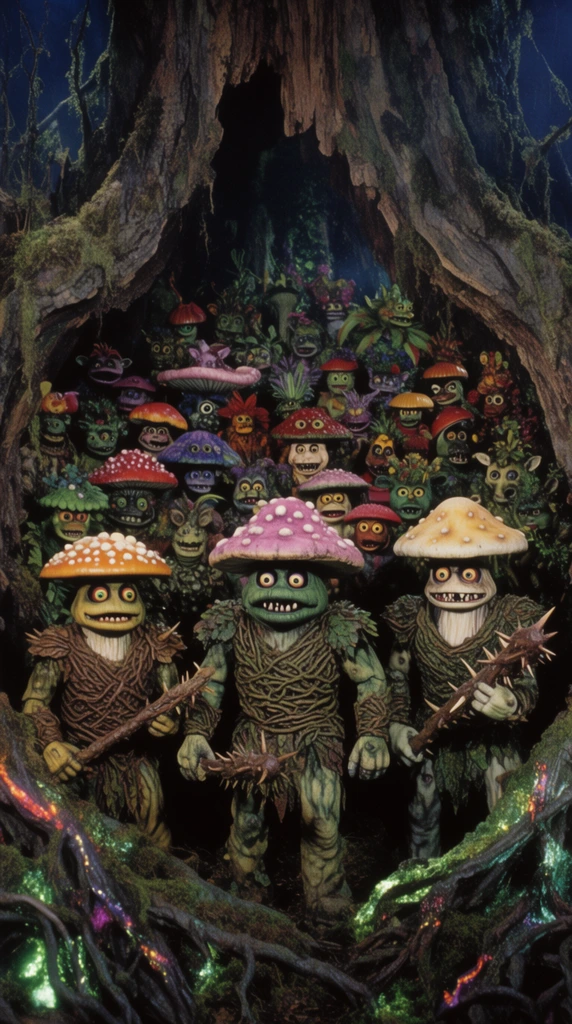 crowded horde of animatronic fungal creatures, diverse mushroom cap heads, densely packed inside a hollow rotting tree, glowing moss illuminating tangled roots, three prominent foreground fungal warriors in woven vine armor holding thorned clubs, background filled with varied plant-mutants, 1980s dark fantasy practical effects, dim moody cinematic lighting
