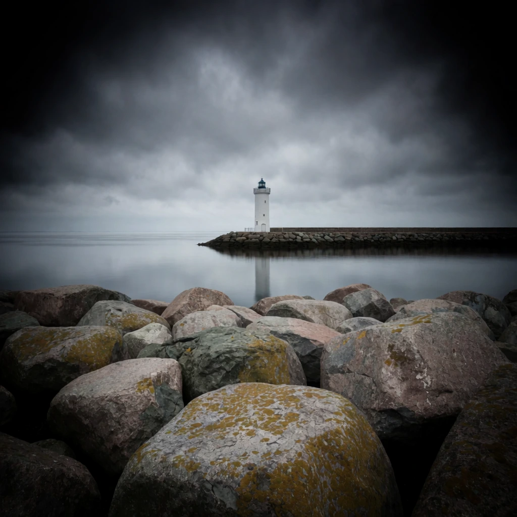 A white cylindrical lighthouse stands on a low stone breakwater under an ominous, heavy grey sky. Massive, lichen-spotted boulders fill the foreground against perfectly smooth water, framed by a striking dark vignette in a moody, minimalist composition.