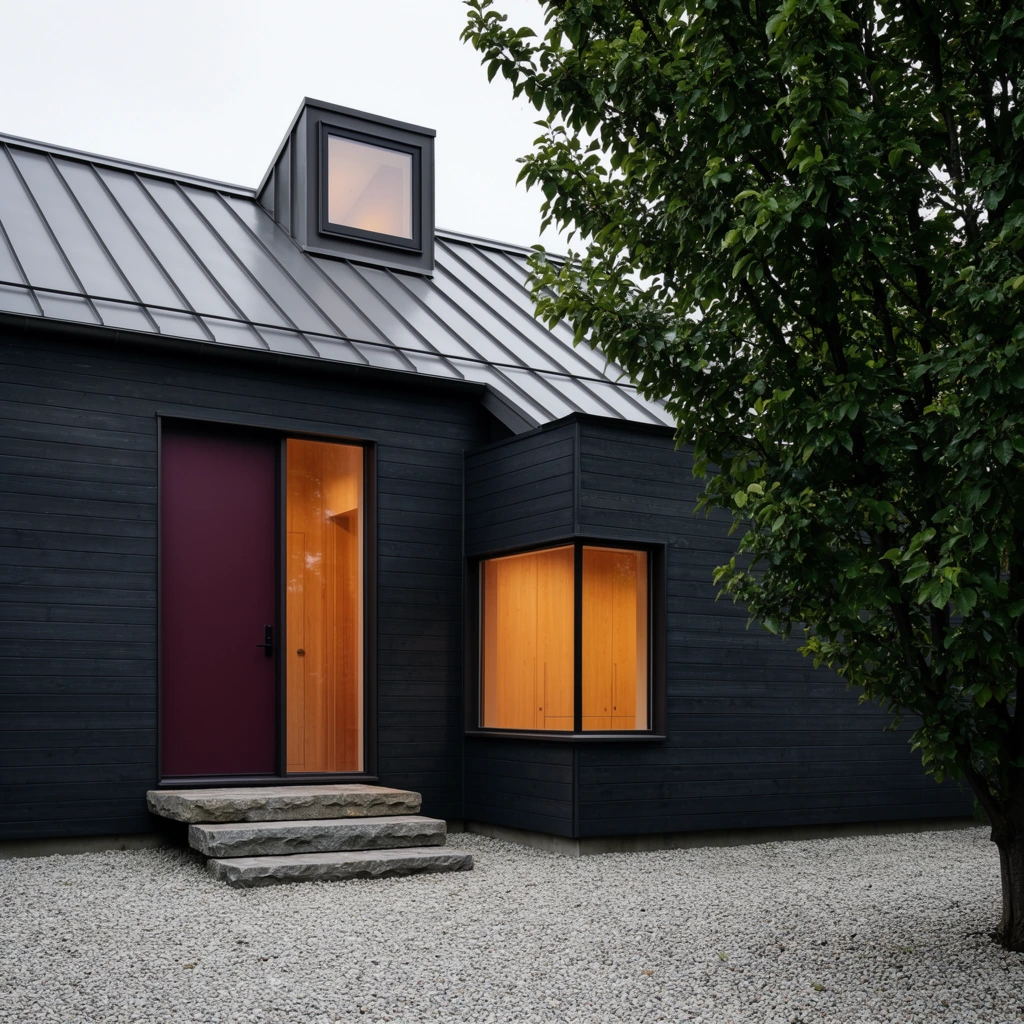 modern dark charcoal wood-clad house exterior, standing seam metal roof, solid maroon front door, tall glass sidelight emitting warm amber interior glow, three rough-hewn stone steps, light grey gravel courtyard, flush corner window revealing a bright wood-paneled room, small boxy roof dormer, large leafy green tree framing the right foreground, flat overcast sky, eye-level architectural photography, high contrast, clean geometric lines