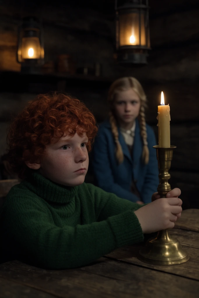 A cinematic, low-light shot of a young boy with curly red hair in a green turtleneck holding a large brass candlestick. He sits at a wooden table looking off-camera. In the blurred background, a girl with blonde braids and a blue jacket watches quietly. The scene is a shadowed, rustic cabin lit by flickering lanterns.