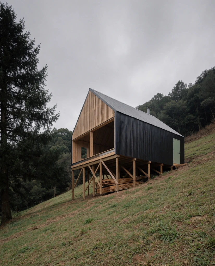 Modern cabin elevated on wooden stilts on a steep grassy slope, pitched roof, dark corrugated metal siding, light wood slatted gable, large open window frames, pale green door, lumber piled underneath, patchy green and brown grass, large dark pine tree on the left, dense forest backdrop, overcast grey sky, soft diffused lighting, wide-angle architectural landscape photography, muted earthy tones