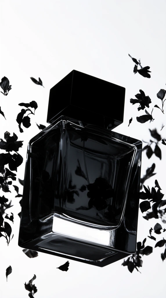 dark square glass perfume bottle, geometric cap, floating black botanical fragments, pure white background, high contrast, dramatic silhouettes
