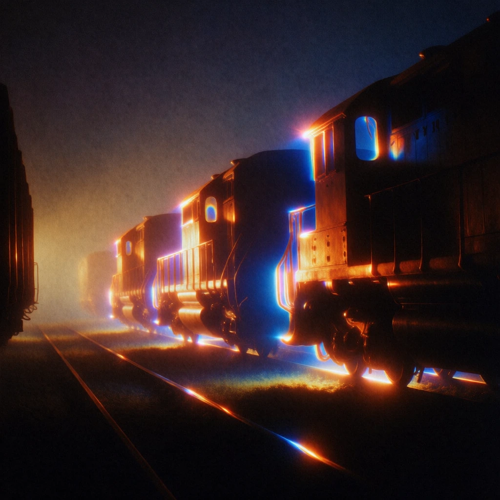 industrial railway yard at night, freight trains on parallel tracks, silhouettes of locomotive cars defined by glowing orange and blue rim lighting, internal prismatic light leaks catching the edges of steel, soft ethereal bloom, hazy atmosphere, heavy film grain texture, high contrast between deep shadows and vibrant light, cinematic lighting, dramatic glow tracing the perspective lines of tracks, mysterious and atmospheric, complementary color palette, 35mm film aesthetic