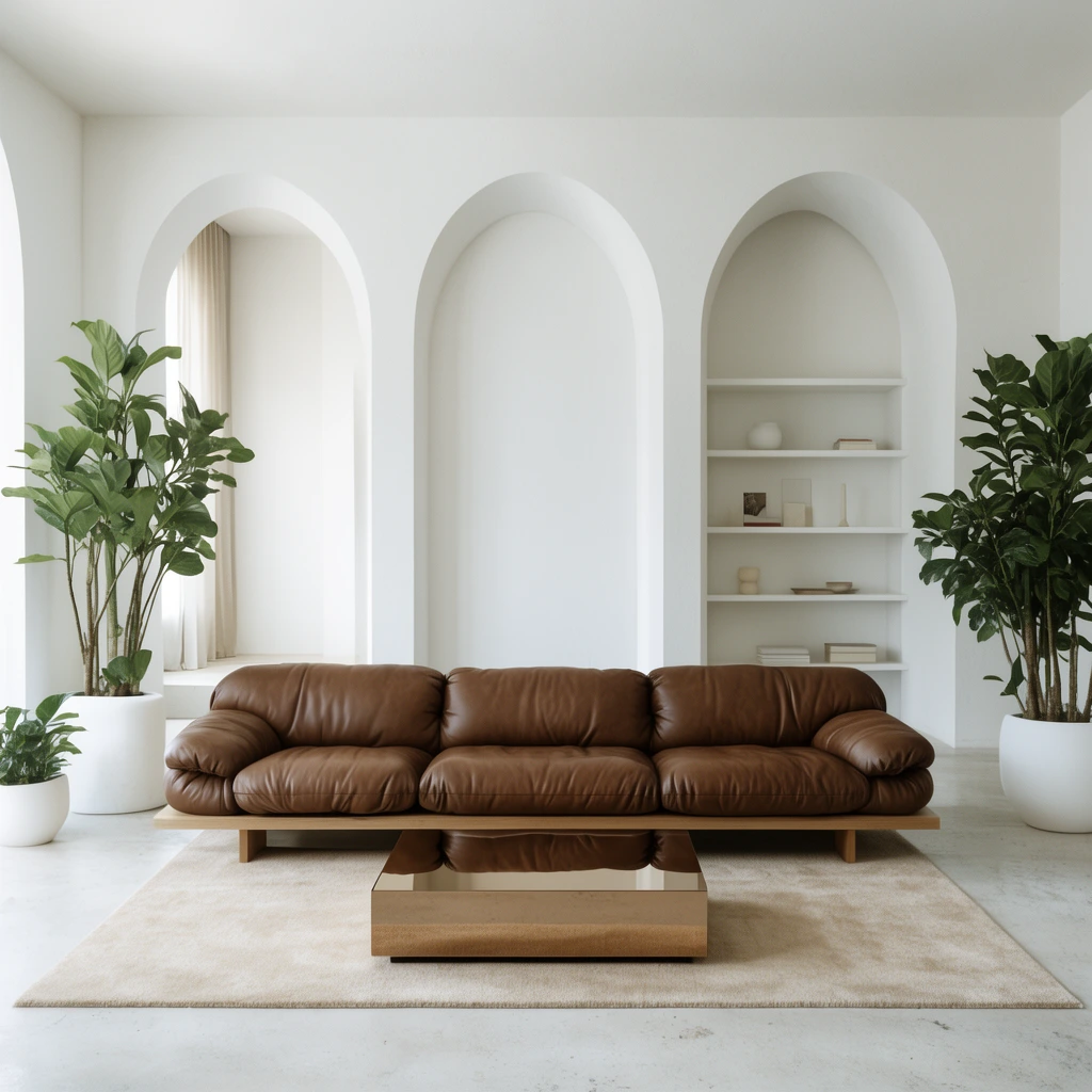 minimalist bright living room, puffy brown leather sofa on low wooden base, mirrored bronze coffee table, beige area rug, three large white architectural arches, tall potted plants in white planters, built-in open shelving, pale concrete floor, soft natural daylight, architectural photography
