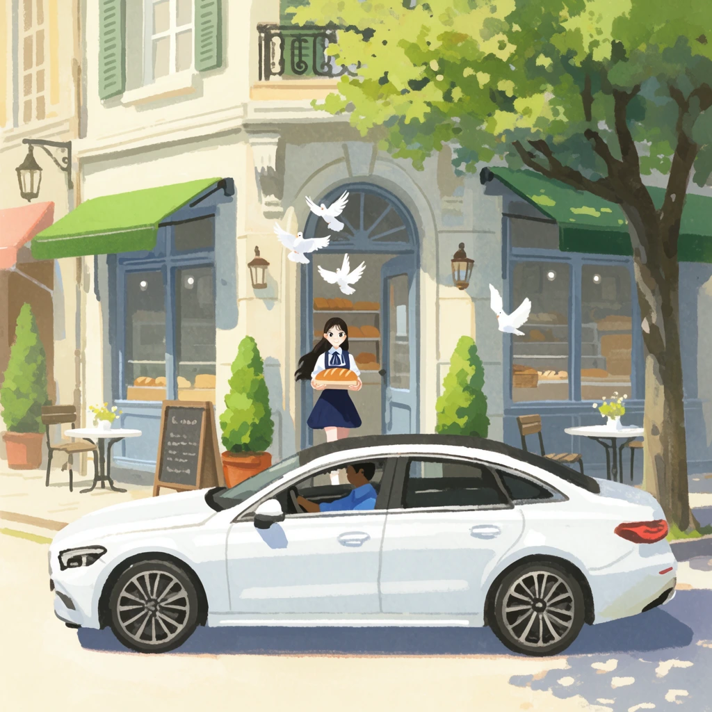 A modern white sedan sits parked on a sunlit street before a quaint corner bakery. The vehicle dominates the foreground, driven by a person in a blue shirt. Behind it, a young woman in a navy and white uniform exits the arched doorway carrying a loaf of bread, surrounded by fluttering white doves. The storefront features green awnings, blue-grey windows, potted topiaries, a sidewalk board, and café tables, bordered by a large leafy tree casting dappled shadows. Rendered as a textured digital illustration mimicking traditional gouache, the artwork uses a soft pastel palette, contrasting the contemporary car with the old-world architectural charm under warm daylight.