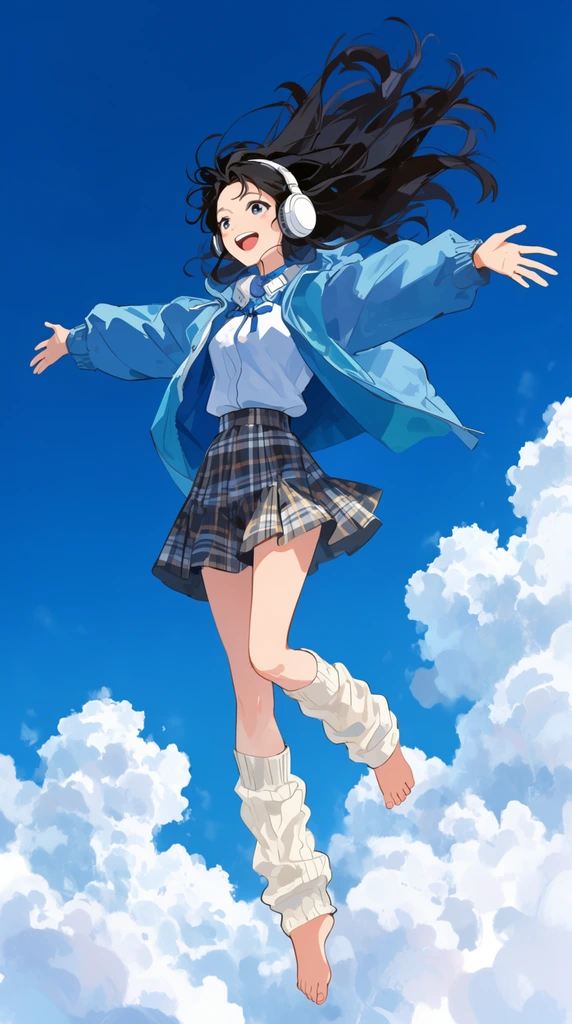 Anime-style illustration of a barefoot young woman leaping joyfully against a vibrant blue sky. She wears white headphones, an open blue jacket, a plaid skirt, and loose leg warmers. Her dark hair blows upward as she smiles with outstretched arms above fluffy white clouds.