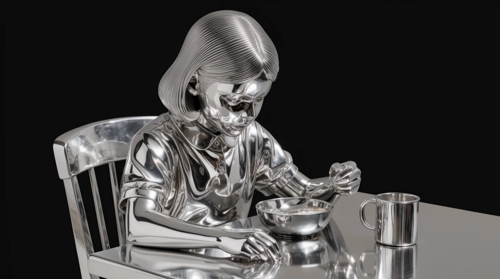 A sculptural, highly reflective chrome rendering of a girl sitting at a breakfast table, set against a solid pitch-black background. The girl, her chair, the flat table, and the breakfast items including a bowl, spoon, and mug are constructed entirely from flawless, polished silver metal. Her hair and the rigid folds of her clothing are stylized with precise, deeply incised parallel grooves, creating a stark textural contrast against the mirror-like smoothness of her face, arms, and the tabletop. High-contrast studio lighting produces brilliant white specular highlights and intricate, warped environmental reflections that stretch across the curved metallic surfaces. Deep black shadows intermingle with the gleaming silver tones, establishing a monochromatic, high-dynamic-range palette. The composition embodies a retro-futuristic, machined aesthetic with an immaculate, pristine finish, emphasizing geometric precision and striking isolation in the dark environment.