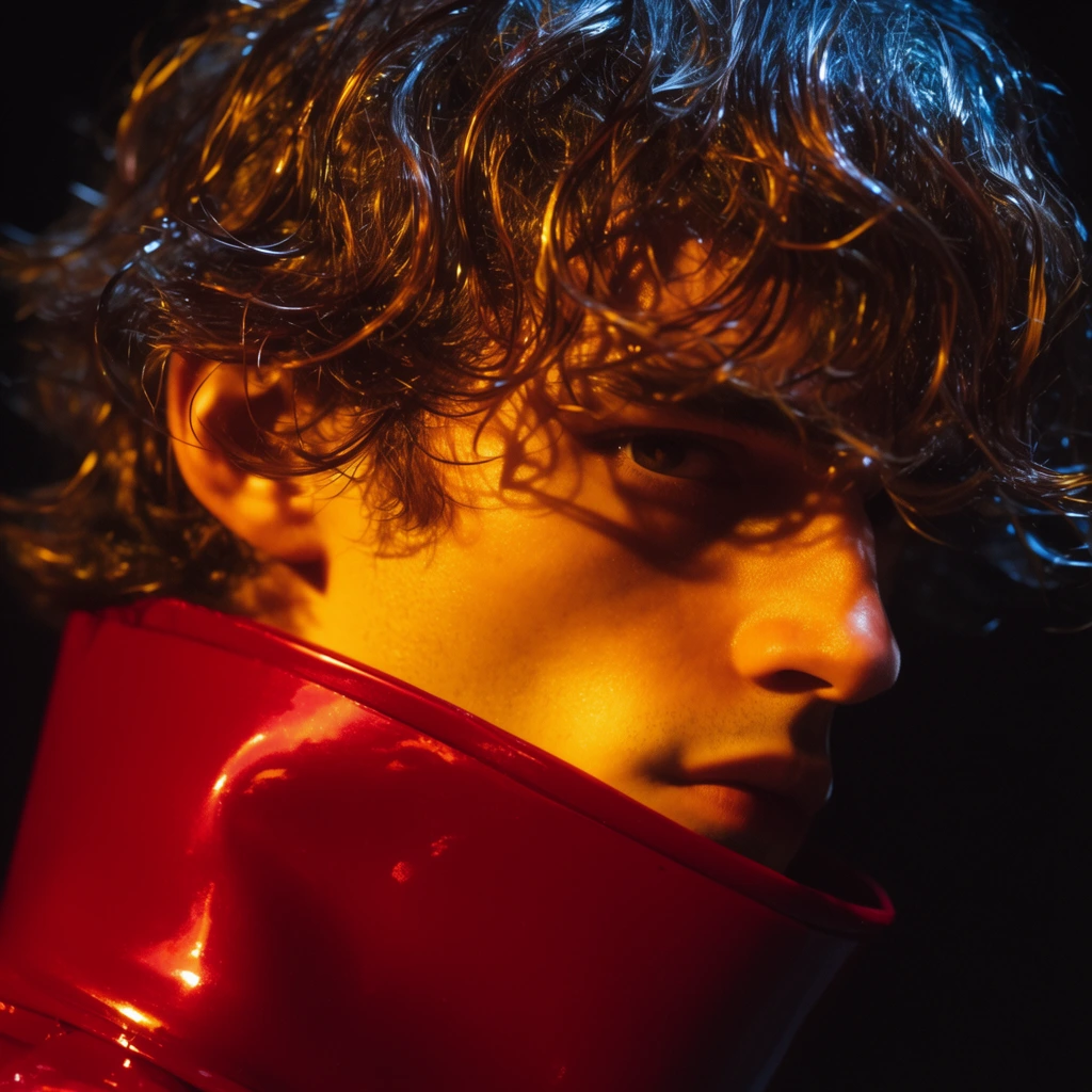 An extreme close-up portrait of a young man with wet, tangled hair wearing a glossy crimson high collar. Intense golden-amber light strikes his jaw and nose, casting heavy chiaroscuro shadows over his dark eye. His wavy hair catches sharp specular highlights in gold and cool blue. The rigid, lacquered red garment sharply frames his face against a pitch-black background, creating a dramatic, cinematic, and highly saturated aesthetic.