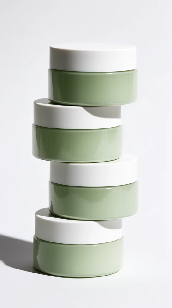 Four identical cylindrical cosmetic jars stacked vertically in a slightly staggered column, matte white lids, glossy pale sage green bodies, minimalist product photography, stark white seamless studio background, crisp hard lighting casting a distinct diagonal shadow to the left, clean modern aesthetic, sharp commercial focus