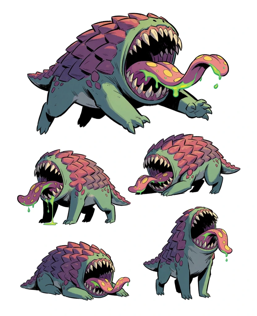 This character sheet features five different poses of a small, monstrous creature against a plain white background. The creature is quadrupedal with pale green skin and a back covered in thick, overlapping purple and pink scales or plates. Its most prominent feature is a large, circular, gaping mouth filled with rows of sharp, white teeth, but it lacks any visible eyes. A long, fleshy pink tongue with yellow circular spots frequently protrudes from the mouth, often accompanied by drips of neon green slime. In the largest illustration at the top, the creature is captured mid-leap, lunging forward with its mouth wide open and tongue lashing out. Below this, four smaller versions show the beast in various states: standing on all fours while drooling green liquid, crouching low to the ground, lying flat while looking forward, and standing upright with its head tilted back and tongue hanging out. The art style is a clean comic book illustration with bold black outlines and cel-shaded lighting that casts sharp shadows on the undersides and right sides of the figures. The color palette is dominated by the contrast between the cool green of the skin and the warm purple of the scales, accented by the bright yellow and green of the tongue and slime. The composition is a classic character study, presenting the subject from multiple angles to showcase its movement and personality.