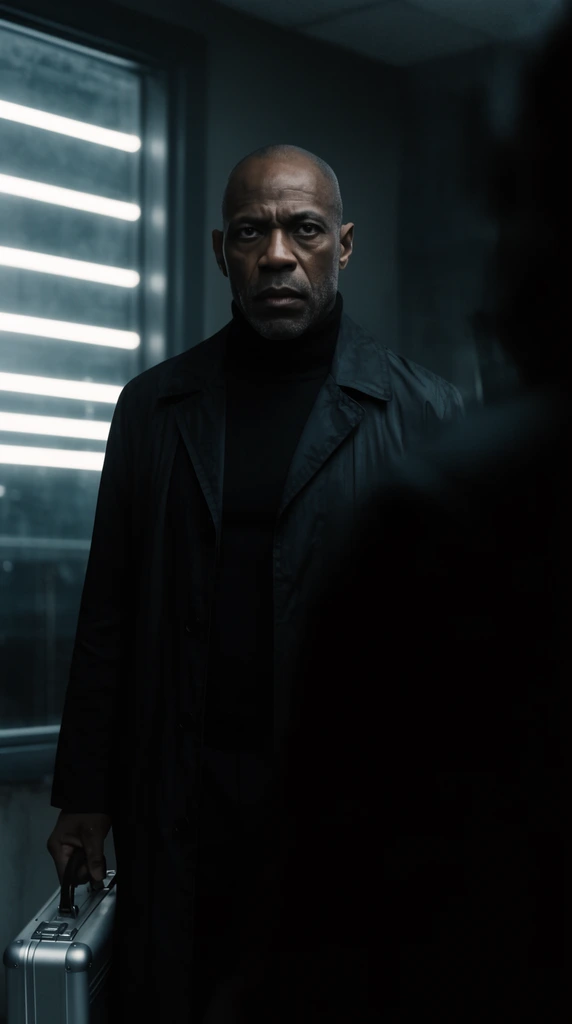 middle-aged Black man with shaved head and intense stare, black turtleneck, dark trench coat, holding metallic briefcase, dimly lit room, window with glowing horizontal neon bars, cinematic high-contrast lighting, cool desaturated tones, prominent dark foreground silhouette, wide angle