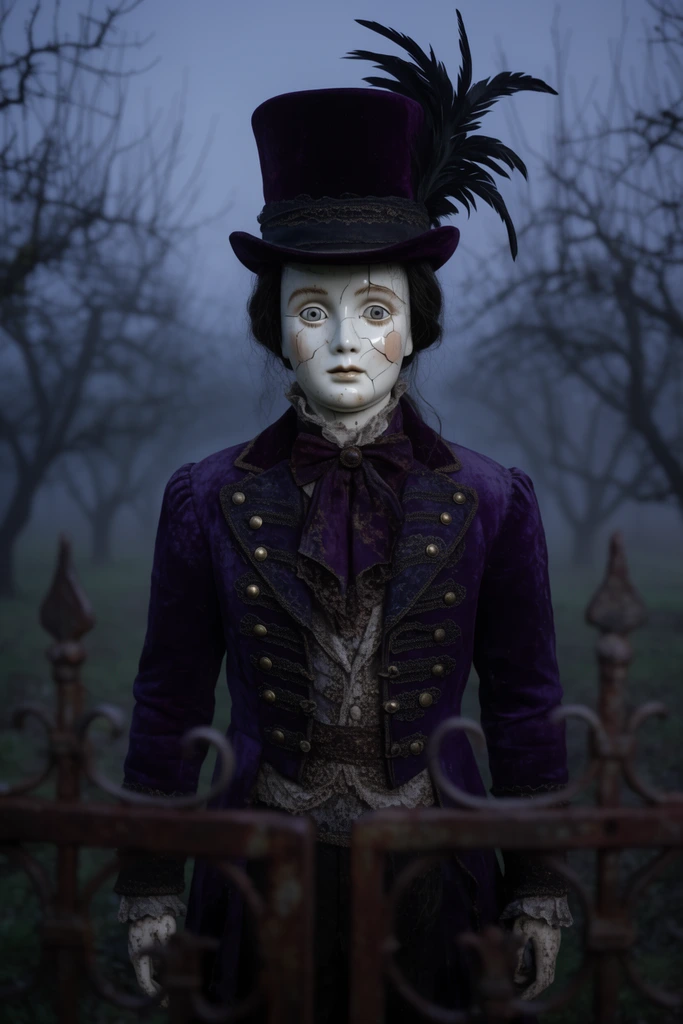 porcelain doll-faced figure with cracked cheeks, tall velvet top hat with raven feathers, deep purple Victorian ringmaster jacket, staring blankly, positioned behind an out-of-focus rusted iron gate, dense foggy dead orchard background, cinematic horror photography, medium waist-up shot, twilight lighting, surreal unsettling atmosphere