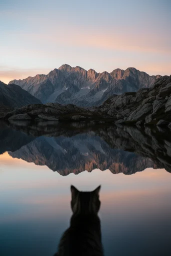Ethereal Alpine Stillness style reference image — symmetrical landscape composition