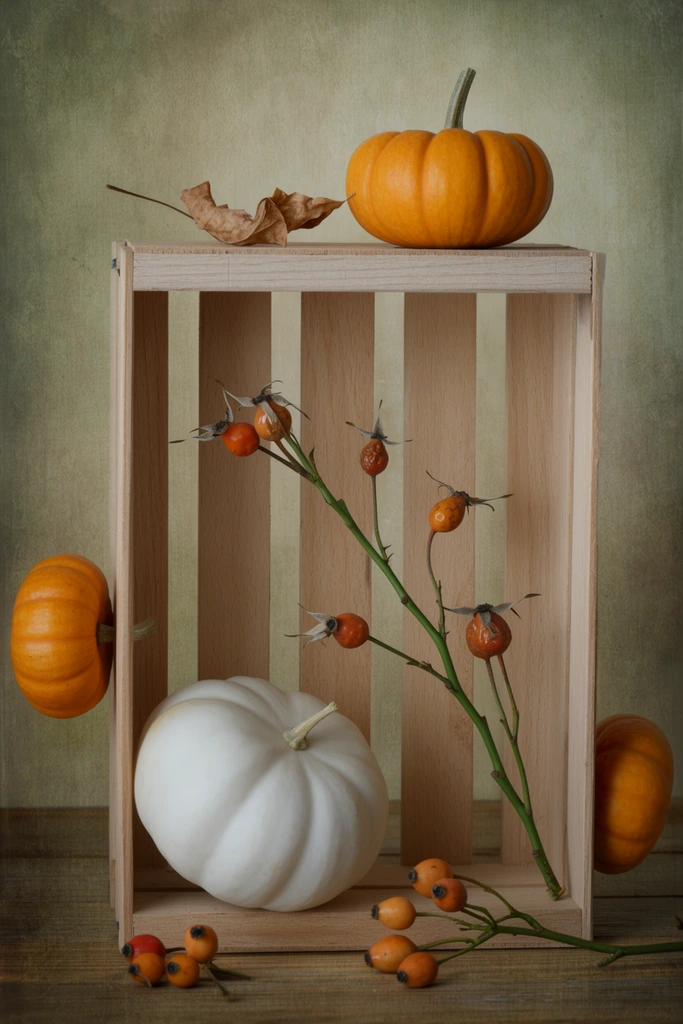 rustic still life of an upright light wood slatted crate on a wooden surface, small orange pumpkin and dry curled leaf on top, smooth white pumpkin resting inside the lower left, diagonal green branch with dried orange rose hips leaning inside the right, small orange pumpkin on the exterior left, another peeking from the right edge, loose berries in the foreground, textured painterly background in muted beige and olive green, soft diffused lighting, earthy autumnal palette, fine art photography