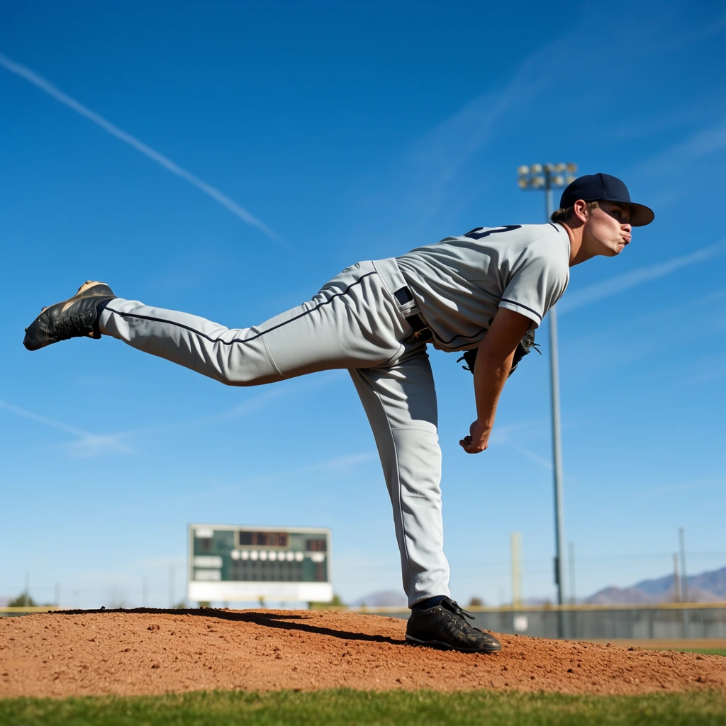 A baseball pitcher in a dynamic mid-throw follow-through balances on his right foot atop an elevated dirt mound. Captured from a low angle against a vast, clear blue sky marked by thin white contrails, the athlete kicks his left leg straight back horizontally. He wears a light grey uniform with dark piping, a dark blue cap, and black cleats. His face shows intense concentration with pursed lips as he gazes rightward, his pitching arm lowered near his waist. The reddish-brown dirt contrasts with a small patch of green grass in the foreground. The background features an out-of-focus scoreboard, a tall stadium light tower, a chain-link fence, and distant mountains. Bright, direct sunlight illuminates the scene, casting stark, crisp shadows across the player's uniform.