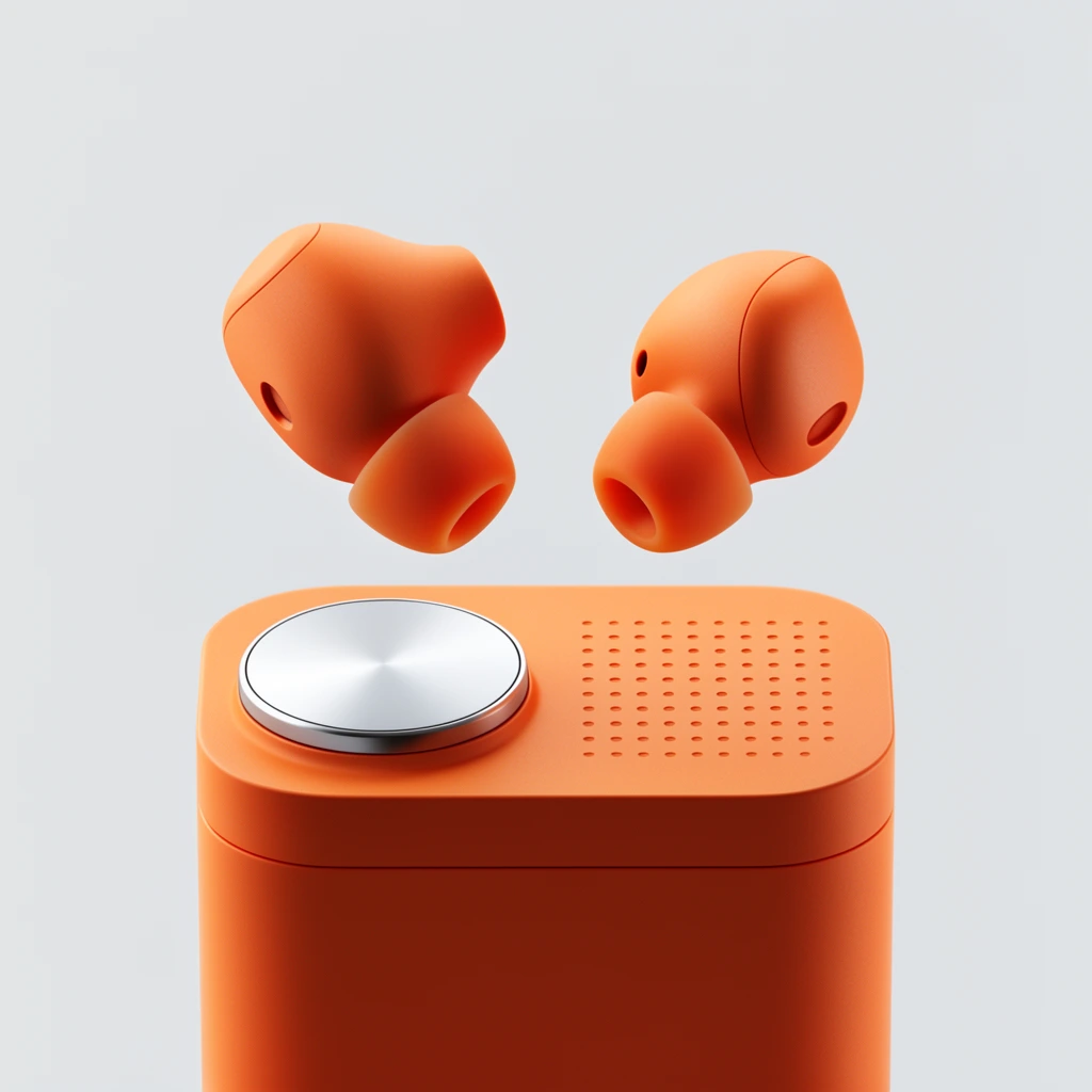 matte orange wireless earbuds floating above a square matching charging case, prominent metallic silver circular dial on top left corner, indented dot grid detail, soft silicone tips, minimalist industrial design, soft studio lighting, light grey seamless background, macro product photography