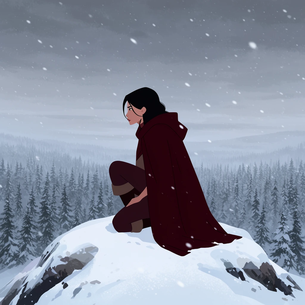 2D animated wide shot, female traveler in dark crimson cloak kneeling on a snowy peak, looking out at a vast pine forest, overcast grey sky, swirling snowflakes, solitary mood, minimalist flat shading