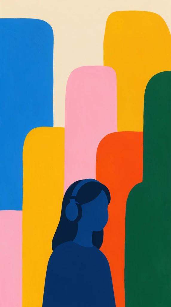 A flat, minimalist illustration of a girl wearing earphones in front of stylized buildings constructed from large, vivid, overlapping organic color blocks. The main subject is a girl rendered as a solid, uniform dark navy-blue silhouette, wearing prominent over-ear headphones and a solid flat-colored garment. Behind her, the urban skyline is formed by towering, abstract shapes with smooth, deeply rounded edges representing the buildings. These massive, overlapping structures are painted in highly saturated, opaque fields of azure blue, sunflower yellow, soft petal pink, striking bright orange, and deep forest green, stacked densely against a warm cream-colored background space. The artwork showcases a bold, matte gouache or vector graphic aesthetic characterized by crisp edges and pure, consistent pools of vivid color, creating a striking, high-contrast visual composition.