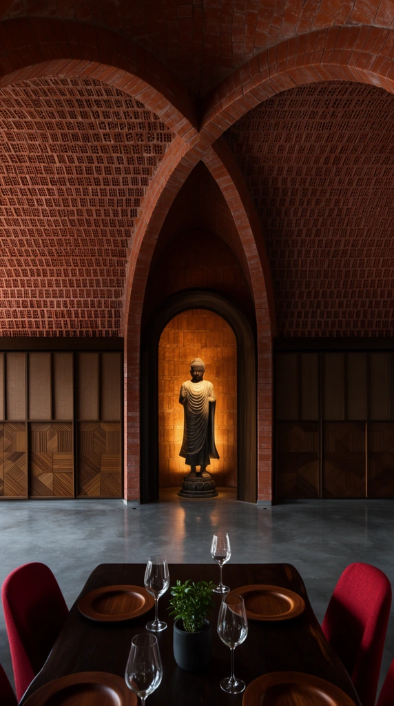 vaulted terracotta brick ceiling with intersecting arches, central arched doorway framing a warmly illuminated standing Buddha statue, intricate perforated brickwork, geometric wood paneling background, polished grey concrete floor, foreground dark wood dining table, red upholstered chairs, wooden charger plates, empty wine glasses, small potted plant, dramatic high-contrast moody lighting, warm central uplighting, symmetrical composition, rich architectural interior photography
