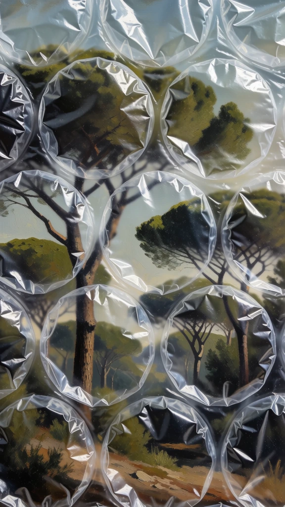 hyperrealistic painterly style, stone pine trees with wide umbrella-like canopies visible behind a layer of large translucent bubble wrap, grid-like composition of crinkled circular plastic bubbles, distorted and blurred forest landscape seen through the wrap, sharp white highlights on plastic edges with expressive brushstrokes, muted forest green and earthy brown color palette, deep shadows, cinematic lighting, high-contrast textures, fragments of needles and branches, oil painting aesthetic.