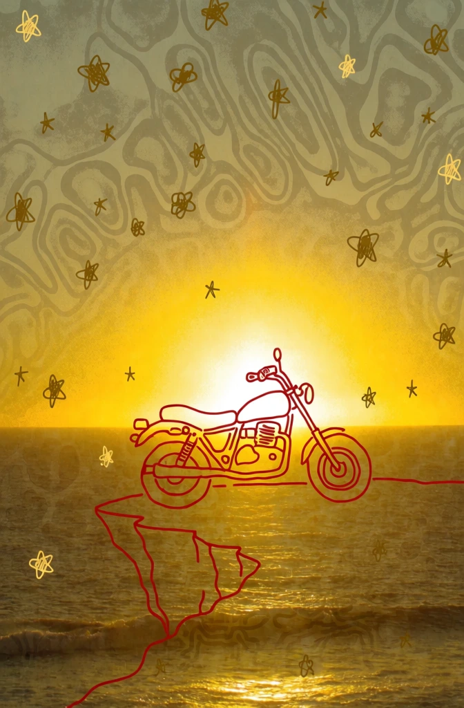 motorcycle parked at a cliff's edge overlooking the ocean at sunrise, lo-fi surrealist aesthetic, grainy topographical background with organic skin-like textures in muted mustard and sepia tones, the bike and landscape rendered as whimsical hand-drawn doodles with thin irregular red ink outlines, central glowing yellow aura at the horizon, scattered floating scribbled stars and flower accents, flat yellow graphic fills, grainy high-contrast indie-art style, textural and gritty composition.