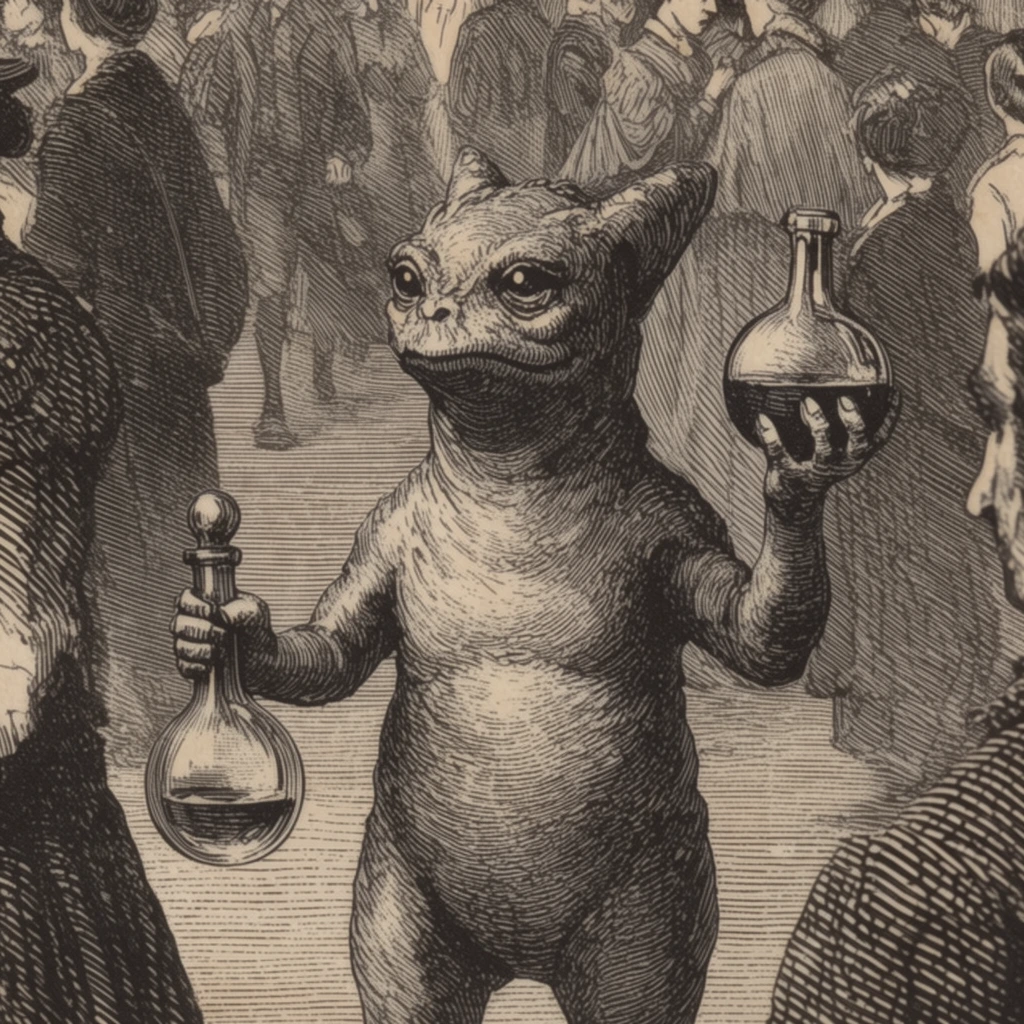 A creature standing centrally in a dense, crowded street, gripping a distinct potion flask in each hand, surrounded by a throng of overlapping pedestrians. The scene is rendered in the meticulous, monochromatic aesthetic of a 19th-century vintage engraving, using crisp black ink on an aged, pale sepia paper background. Three-dimensional volume, deep shadows, and complex textures are constructed entirely through precise parallel hatching, dense cross-hatching, and fine stippling. The varying line weights and concentrations build high-contrast lighting across the creature's form, the curved glass surfaces of the potions, and the intricate details of the surrounding figures. Continuous horizontal linear hatching fills the empty environmental space, emulating the rigid, deeply etched tool marks of classical woodcut printmaking and archival Victorian line-art illustrations.