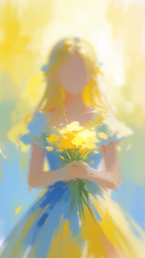 blurred faceless figure holding glowing flowers, dreamy digital painting, soft ethereal pastel vibe