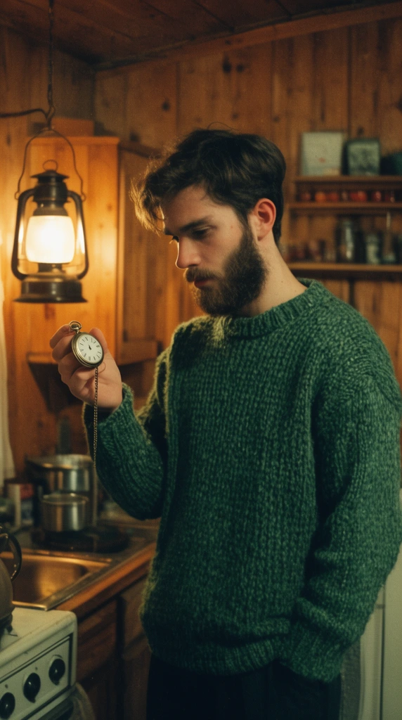 young bearded man in a chunky green knit sweater, examining a small vintage pocket watch held in his raised left hand, standing in a rustic cabin kitchen, warm wood paneling, glowing lantern light, cinematic composition, medium shot, vintage film grain