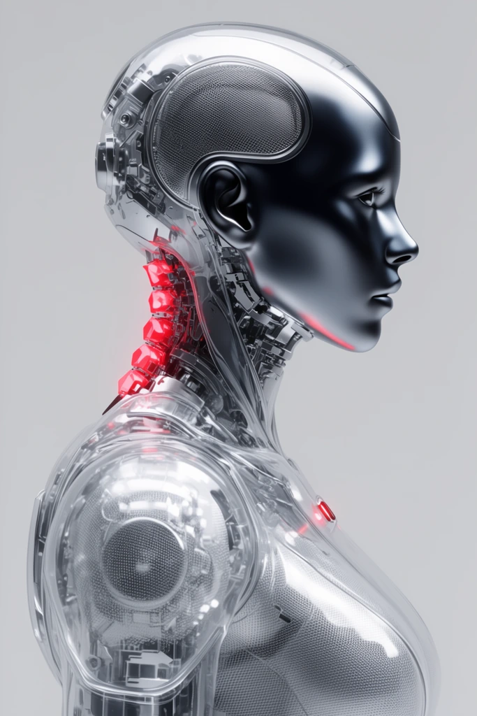 profile of a futuristic female android, dark metallic face with smooth artificial skin, transparent glass-like shoulder casing revealing intricate internal silver mechanics and mesh textures, glowing neon red spinal nodes on the neck, small red diode on the chest, high gloss reflections on clear armor, solid light gray background, clean minimalist aesthetic, hyper-realistic 3D render, studio lighting, monochromatic silver palette with vibrant red accents