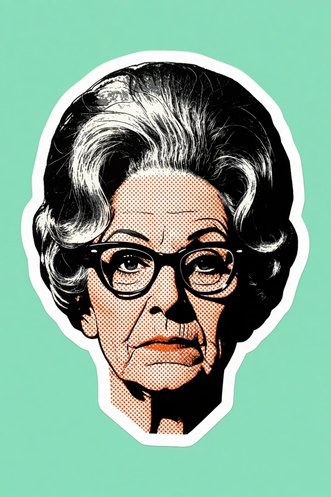 A pop-art die-cut sticker portrait of an older woman with a towering beehive hairdo and thick horn-rimmed glasses. The floating head features an irregular thick white border and is centered against a solid flat mint-green background. Heavy black ink defines stark geometric shadows, bold facial outlines, and the dense texture of her hair. Her skin is shaded entirely with a uniform pattern of vibrant orange halftone dots typical of vintage comic book printing. She stares directly forward with a severe, deadpan expression. The high-contrast graphic composition relies entirely on stark black, white, mint, and orange tones.