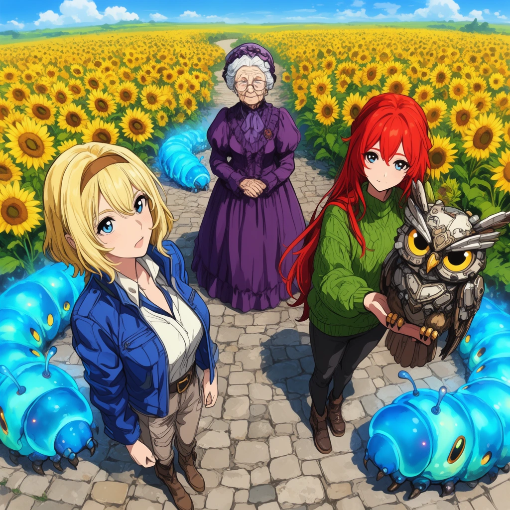 anime style, blonde woman in blue jacket, red-haired woman in green sweater holding a mechanical owl, elderly woman in purple Victorian dress, giant glowing blue caterpillars, cobblestone path, vast field of yellow sunflowers, bright daylight, high angle, vibrant colors