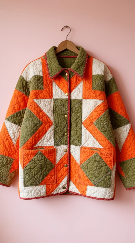 A heavily textured quilted jacket hangs on a wooden hanger against a solid pale pink wall. The garment features a geometric patchwork design of bright orange, olive green, and off-white triangles arranged in a bold sawtooth star pattern. The jacket includes a pointed collar, long sleeves, a brass snap-button front closure, and two large square patch pockets. Fine diamond-shaped quilt stitching covers the entire padded fabric surface. A thin red patterned binding finishes the edges along the hem and front opening. Soft, even lighting highlights the fabric's dimensional texture and casts a gentle shadow on the background.