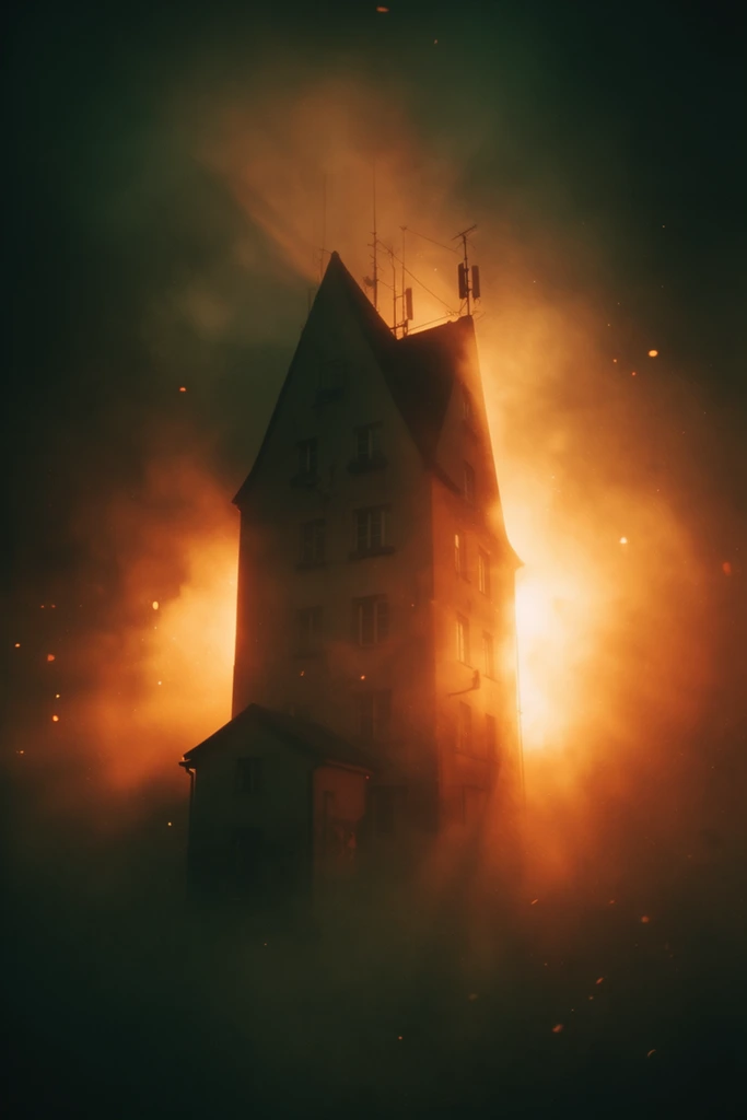 A tall, narrow building with a steep roof, rooftop antennas, and a small side section stands enveloped in heavy, swirling volumetric smoke, intensely backlit by a blazing amber light source. The towering architectural structure features multiple inset windows partially obscured by the thick haze, its steep peaks and delicate aerials forming striking, dark silhouettes against the glowing backdrop. A small, attached side section rests in deep shadow near the base. Intense, fiery orange and yellow illumination radiates from directly behind the structure, casting powerful volumetric light shafts and sharp rim highlights across the building's edges. Dense, greenish-black fog obscures the surrounding environment, contrasting heavily with the incandescent, glowing core of the composition. Tiny glowing embers and scattered luminous particles drift erratically through the illuminated smoke. The image features dramatic chiaroscuro, cinematic color grading, and heavy edge vignetting, creating a gritty atmospheric visual with soft focus in the heaviest smoke and sharp contrast where the warm light catches the dark structural outlines.