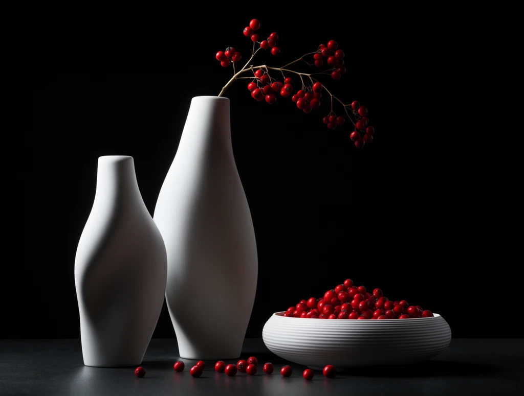 minimalist still life, two tall asymmetrical matte white vases with organic curves, delicate branch from the taller vase holding clusters of bright red berries, shallow ribbed white bowl filled with red berries, scattered loose berries on a dark surface, solid black background, high contrast studio lighting, dramatic chiaroscuro, elegant modern composition