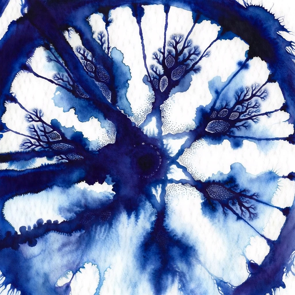 ink wash aesthetic, monochromatic deep indigo blue, wet-on-wet watercolor technique, bleeding edges with organic capillary action, central bicycle wheel hub with spokes radiating outwards, spokes rendered as thin dendritic branching lines, fractal textures, ethereal and ghostly atmosphere, almond-shaped stippled pointillist details dispersed along the spokes, fluid symmetrical composition, grainy textured paper background, high contrast indigo ink on stark white.