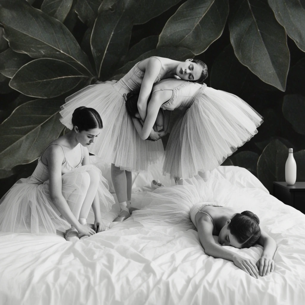 A black and white surrealist collage features four ballerinas in stiff tutus arranged across a rumpled white bed against a backdrop of large, overlapping dark leaves. In the center, two dancers form a tangled arch, with one draped limply over the other's back. A third ballerina crouches in the left foreground looking down, while a fourth lies prone and face down across the right side of the sheets. The dreamlike scene contrasts the vintage photographic textures of the dancers with the smooth, volumetric rendering of the bright bedding and stylized dark foliage. A sleek white bottle rests on a dark nightstand at the far right edge.