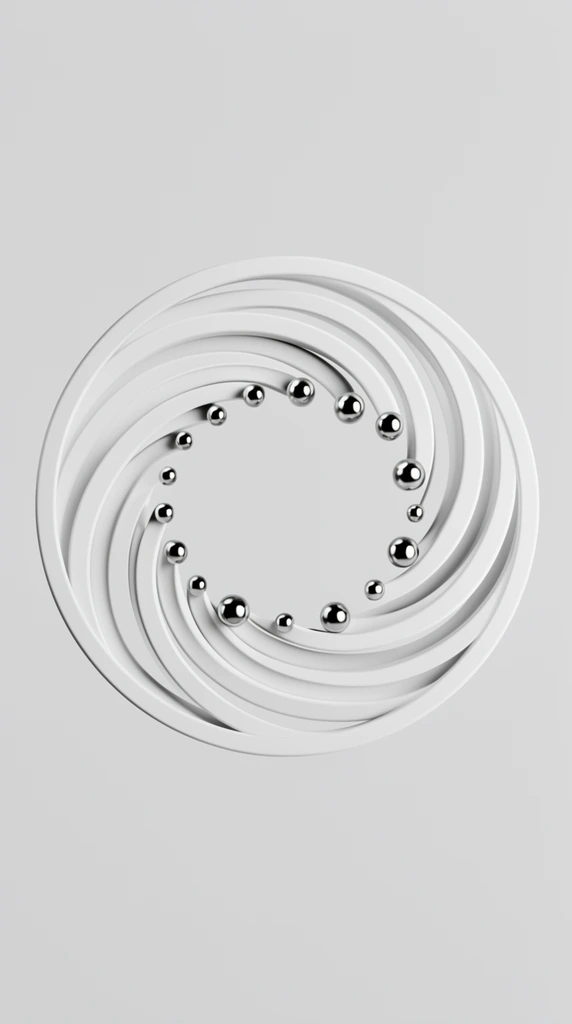 minimalist 3D render, white circular spiral track, shiny metallic spheres curving toward the center, light gray background, abstract geometric design, studio lighting