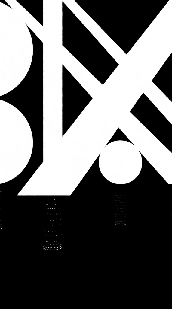 Massive white geometric structures dominate a solid black background in a stark, high-contrast minimalist composition. Thick pillars, diagonal beams, pure circles, and a prominent cross shape intersect across the upper canvas. Beneath these colossal flat forms lie microscopic clusters of aligned white specks. This abstract graphic uses extreme scale contrast and sharp vector-like edges to create monumental visual weight within an infinite black void.