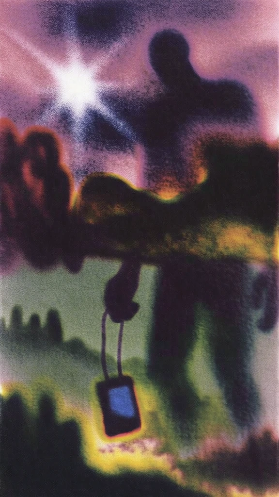 grainy low-fi airbrushed aesthetic, dreamy surreal landscape with a deep purple and magenta stippled sky, bright white starburst highlight, silhouetted dark forms, a massive humanoid giant standing in a hazy muted green and yellow foreground, the giant holds a rectangular device hanging from a cord, heavy pointillist texture throughout, soft focus blurred edges, high contrast moody lighting, saturated color palette, nostalgic impressionist digital art style.