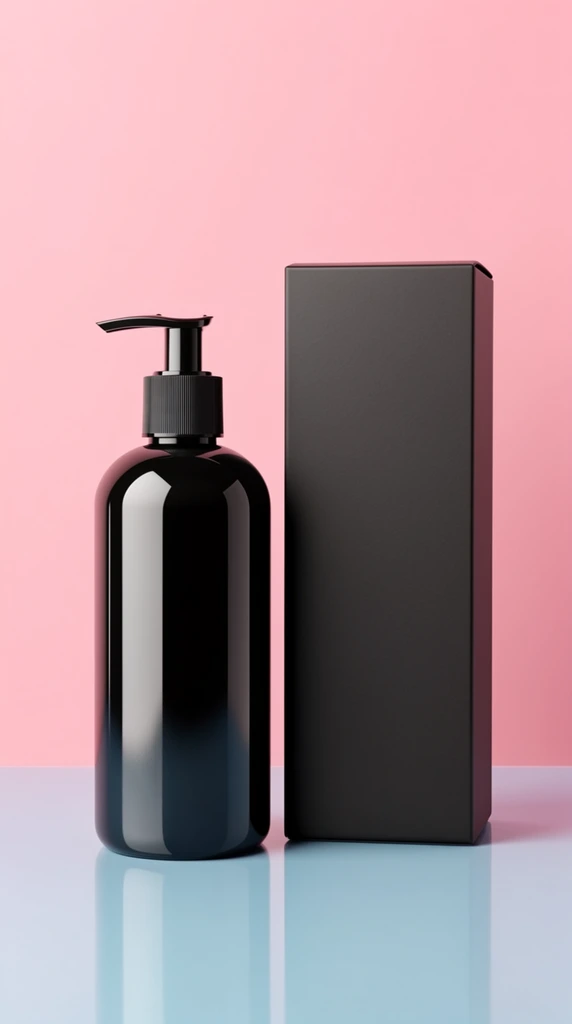 Black cylindrical pump dispenser bottle beside a tall matte black rectangular box, minimalist product mockup, glossy finish on the bottle with vertical light highlights, resting on a highly reflective pastel blue surface, solid pastel pink background wall, striking two-tone color block environment, soft studio lighting, sharp reflections, front-facing perspective