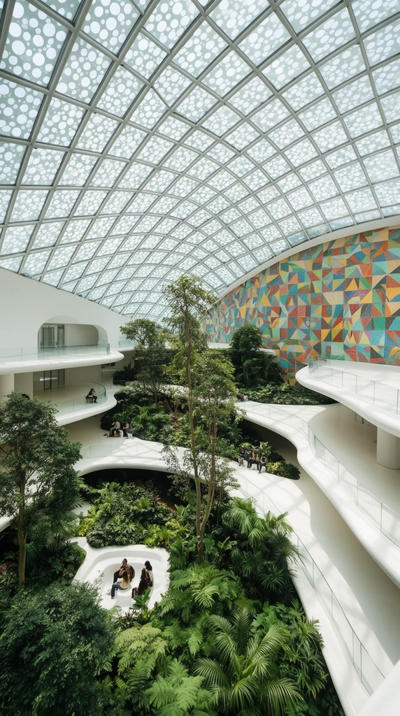 A vast indoor atrium features terraced white balconies overlooking a lush multi-level garden enclosed by a sweeping vaulted glass grid ceiling. The stark white floor slabs form organic curves lined with transparent glass railings. Dense tropical greenery, tall trees, and ferns fill the central courtyard where small groups of people rest. The right wall displays a vibrant geometric mosaic. Wide-angle architectural photography captures bright daylight streaming through the domed canopy's circular frit pattern, highlighting the striking contrast between pristine modern architecture and wild biophilic textures.