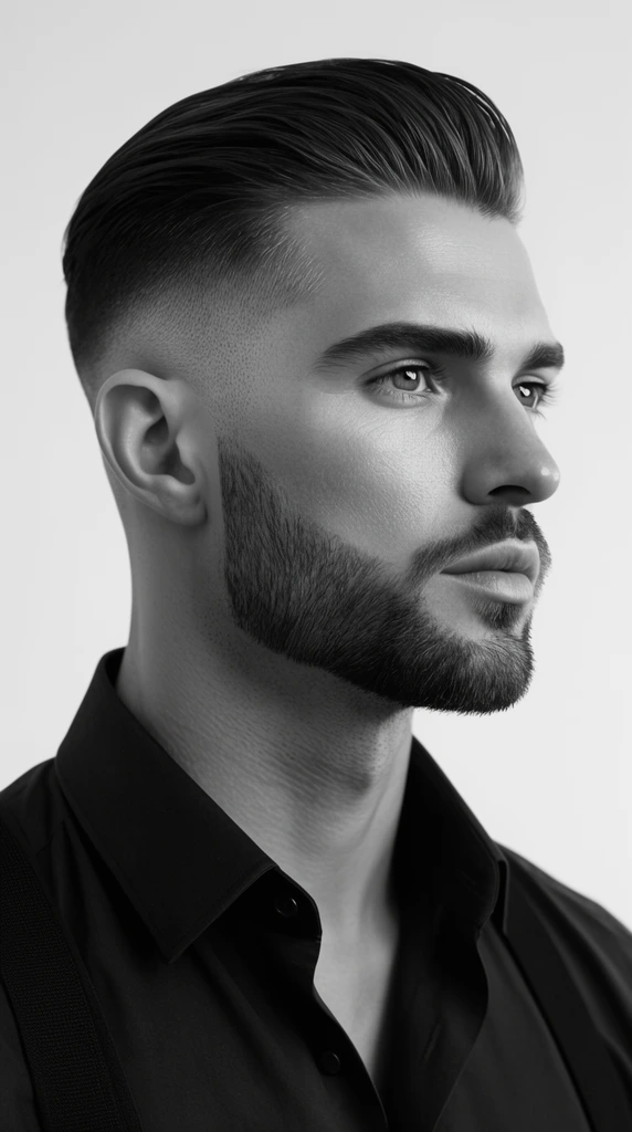 A black-and-white studio portrait of a man in three-quarter profile gazing right. He features a sharp jawline, trimmed beard, slicked-back hair with a skin fade, a dark collared shirt, and suspenders. Soft directional lighting sculpts his facial contours against a plain light backdrop.