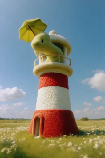 Tactile Surrealist Dreamscape style reference image — vibrant blue sky background