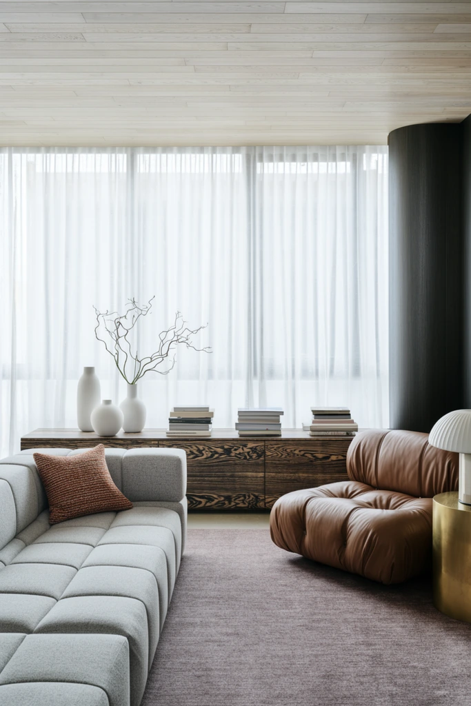A serene modern living space bathed in diffused daylight from expansive sheer white curtains. A light grey modular sofa with square tufting anchors the left side, accented by a rust-toned woven pillow. A low-profile, highly grained dark wood console spans the window wall, holding neat book stacks and minimalist white ceramic vases with bare, twisting branches. On the right, a bulbous, deeply tufted brown leather armchair rests beside a cylindrical brass side table bearing a ribbed white dome lamp. The interior features a pale wood plank ceiling, a textured mauve carpet, and a dark curved architectural column. Captured straight-on at eye level, the architectural photography highlights the elegant interplay between rigid linear forms and plush, voluminous furniture within a sophisticated, muted earth-tone palette.