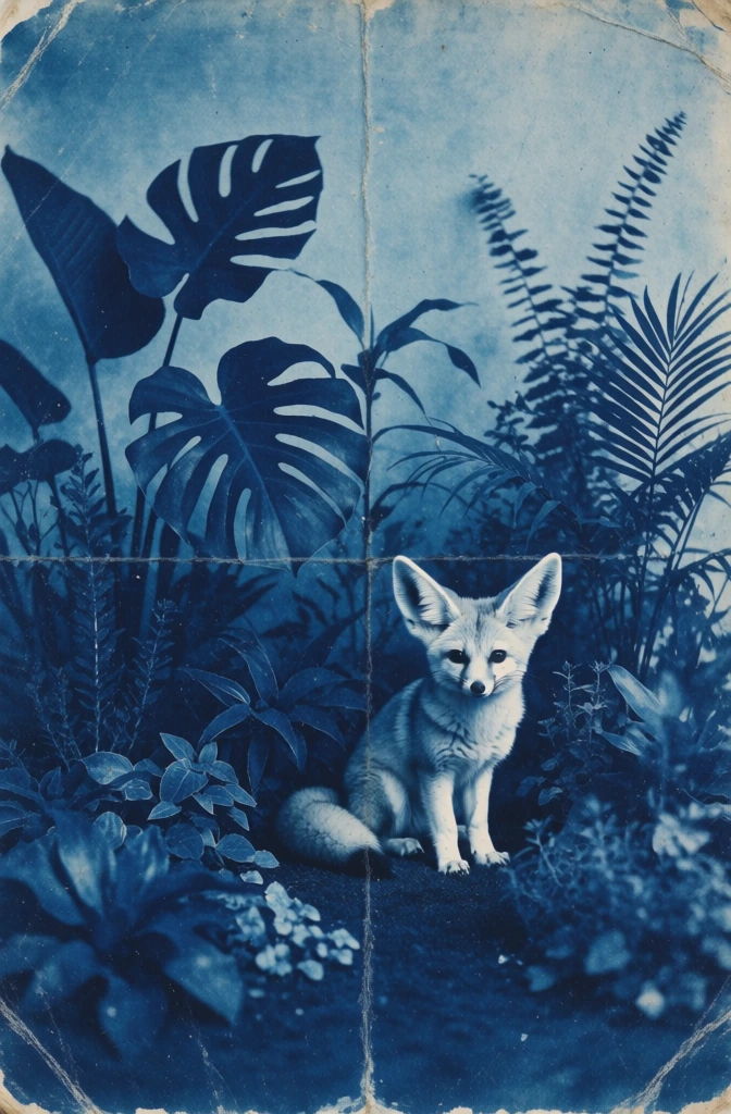 a fennec fox sitting among lush botanical plants, monochromatic cyanotype process, deep indigo and navy blue palette, distressed vintage paper texture, prominent vertical and horizontal fold creases forming an eight-panel grid, weathered edges, heavy film grain, atmospheric low contrast, analog blueprint aesthetic, dust and scratch artifacts, tactile physical poster photography, ethereal mood, grainy textures, solarized highlights, moody vintage print