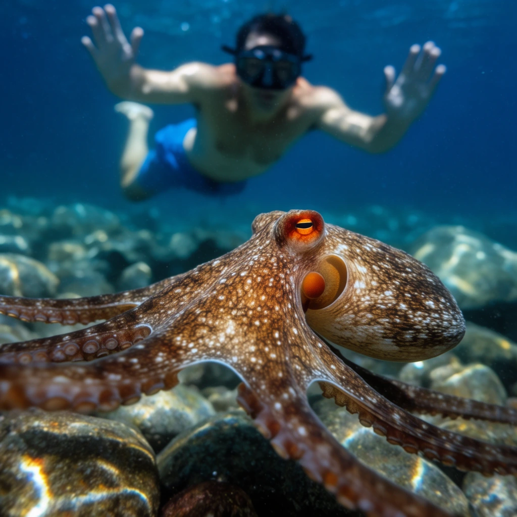 brown mottled octopus gliding over a rocky seabed in sharp foreground focus, vibrant orange eye, trailing tentacles, textured skin with white speckles, blurred swimmer in the background suspended in deep blue water, dark dive mask, blue swim trunks, arms raised, underwater photography, natural aquatic lighting, glowing light caustics on submerged stones, shallow depth of field, low camera angle