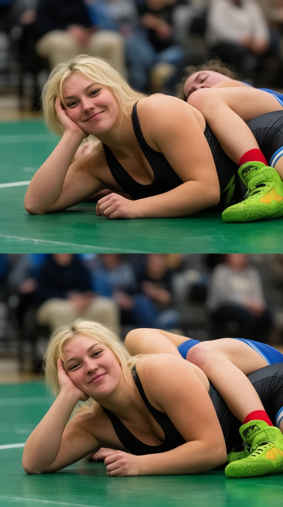 two-panel split image, blonde female wrestler in black singlet casually smiling at camera resting head on hand, opponent pinned behind with tangled legs and neon green shoes, green mat, blurred gymnasium background, candid sports photography