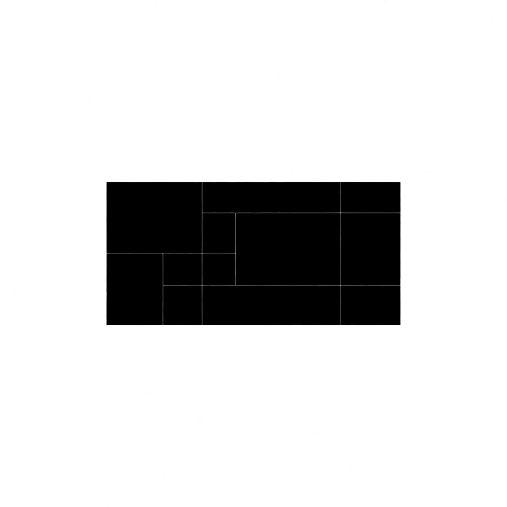 A stark, monochromatic geometric composition featuring a solid black horizontal rectangle centered on an expansive white background. Inside the dark field, crisp, ultra-thin white intersecting lines create a minimalist, asymmetrical grid. These delicate perpendicular line segments precisely partition the space into distinct geometric sections and subtle rectangular compartments. The style is purely graphic, two-dimensional, and ultra-high-contrast, resembling an abstract minimalist digital rendering. Rigorous structural alignment, razor-sharp edges, and completely flat, unshaded negative space deliver a crisp visual impact emphasizing absolute flatness and pure geometric form.