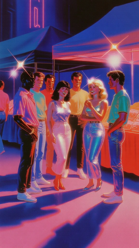 eight smiling men and women at an outdoor market, retro 1980s airbrushed illustration style, synthwave aesthetic, vibrant palette of magenta, deep indigo, and teal, grainy analog film texture, high-contrast lighting with long dramatic shadows, glowing four-pointed lens flares on highlights, dreamlike soft-focus glow, saturated golden skin tones, urban market stalls with neon accents, hyper-saturated colors, flat perspective with clean gradients, nostalgic commercial art vibe.